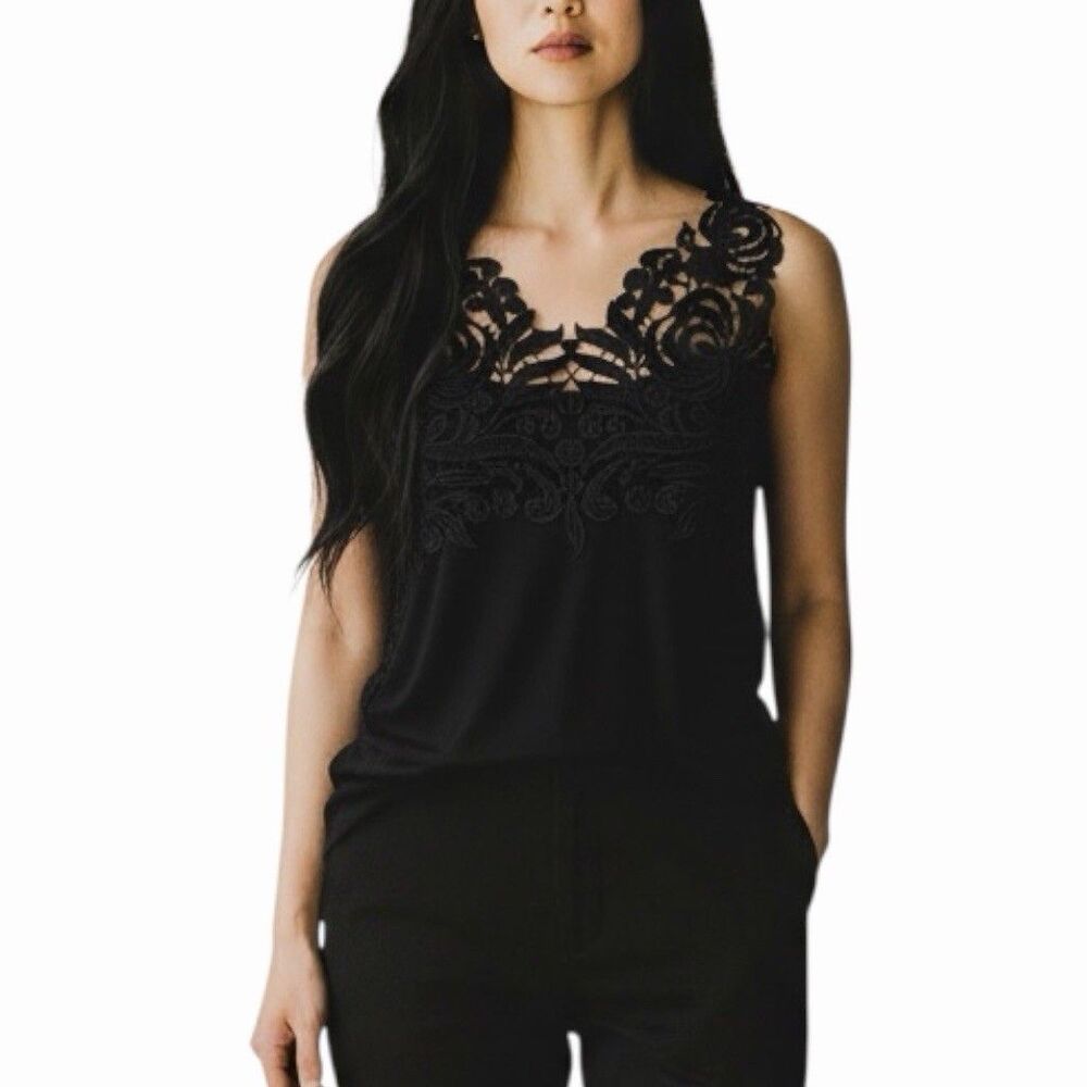 Leo & Ugo Women's Black Lace Sleeveless Top Size 0 Floral Applique Detail French